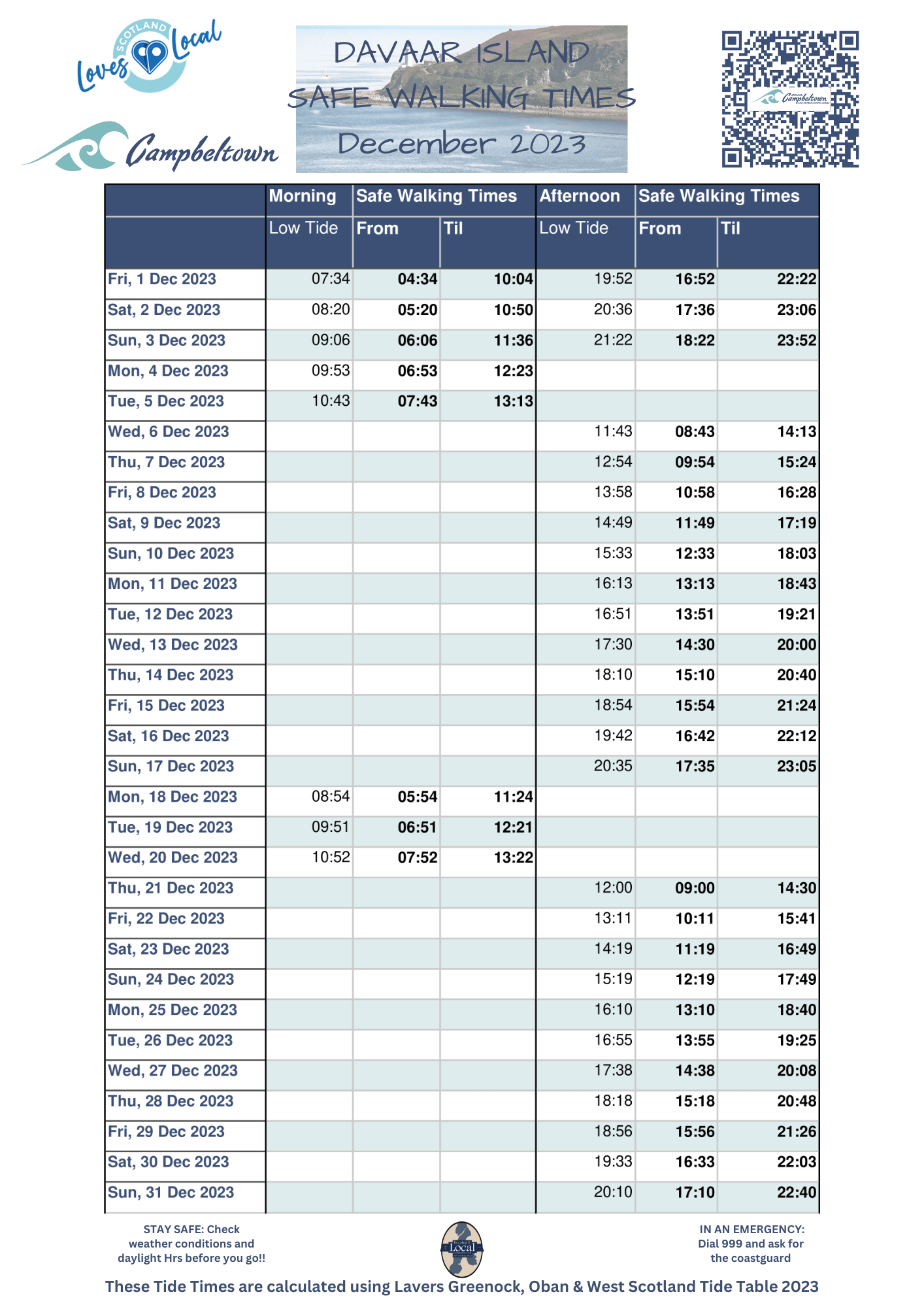 Davaar Island Safe Walking Times - December 2023