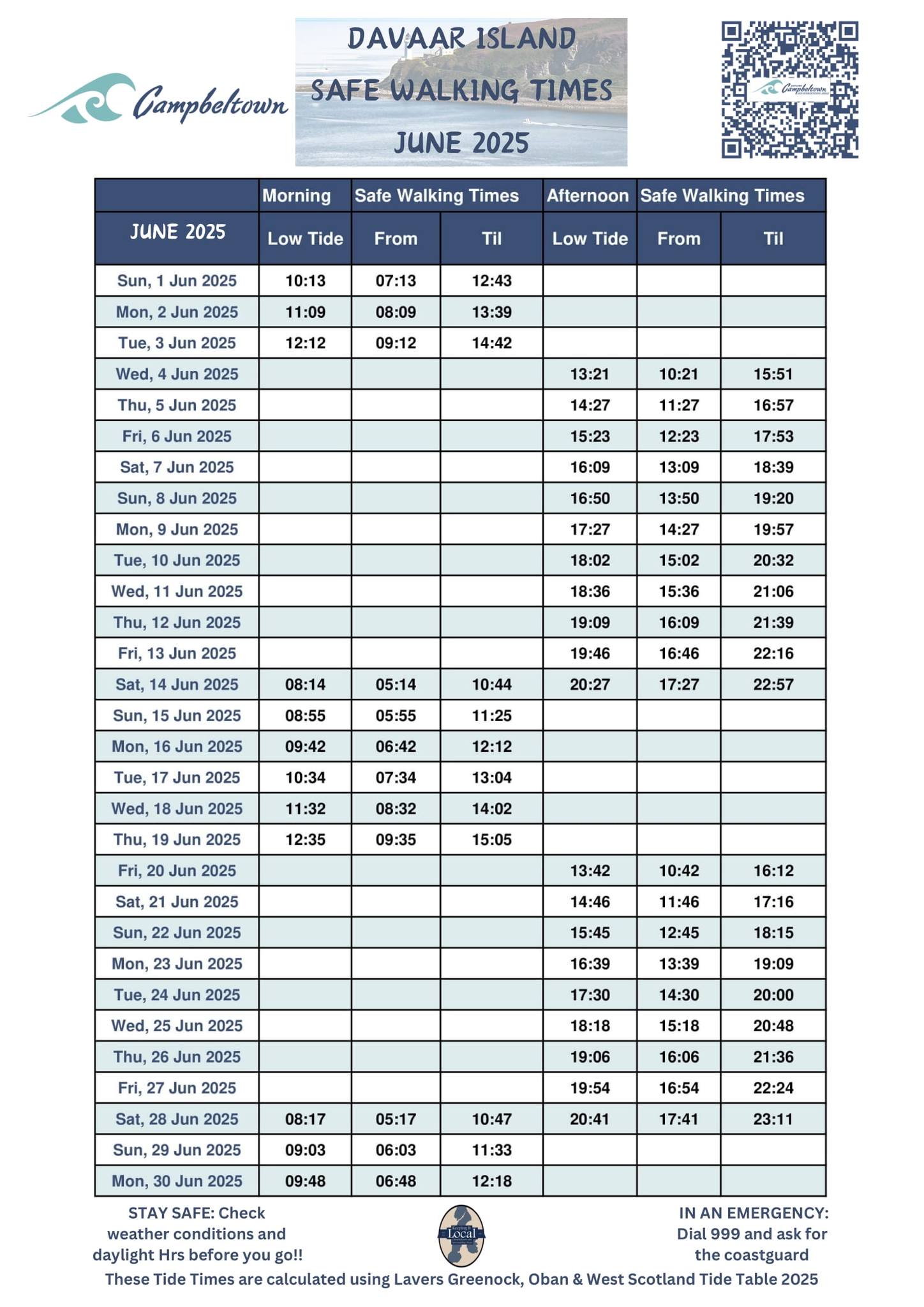 Davaar Island - Safe Walking Times - June 2025