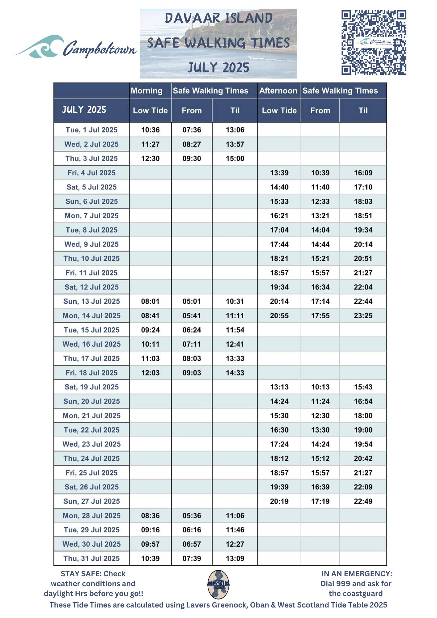 Davaar Island - Safe Walking Times - July 2025
