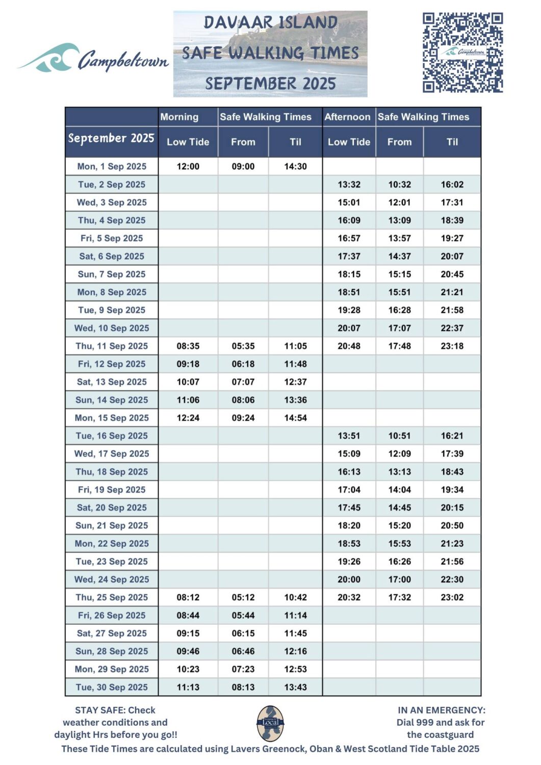 Davaar Island - Safe Walking Times - September 2025