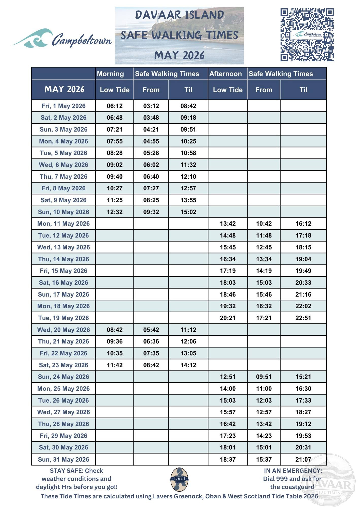 Davaar Island - Safe Walking Times - May 2026